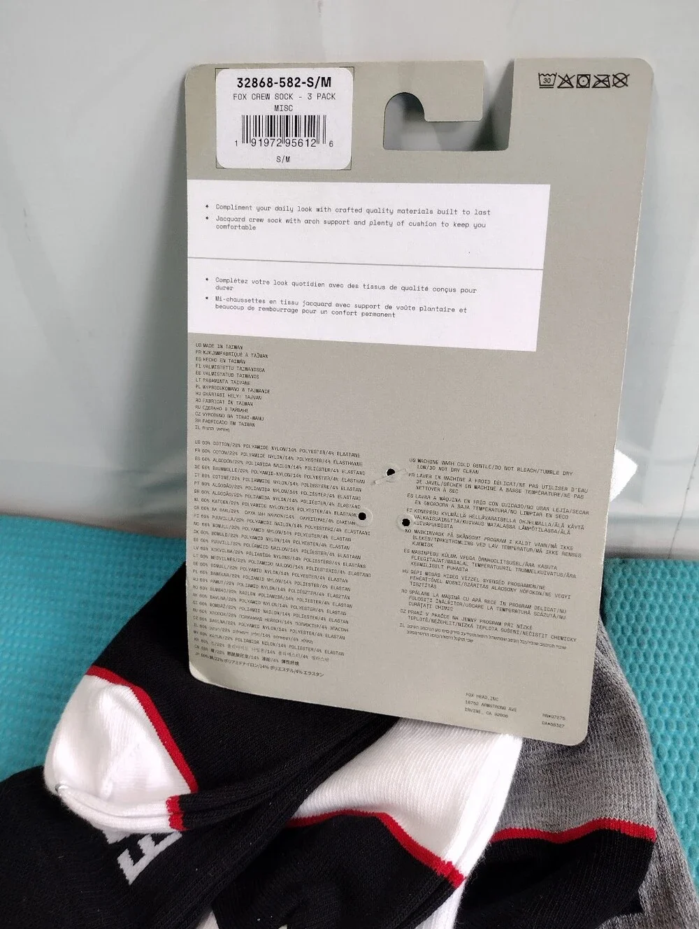 Fox 3-Pack Crew Socks Black, White & Gray - S/M